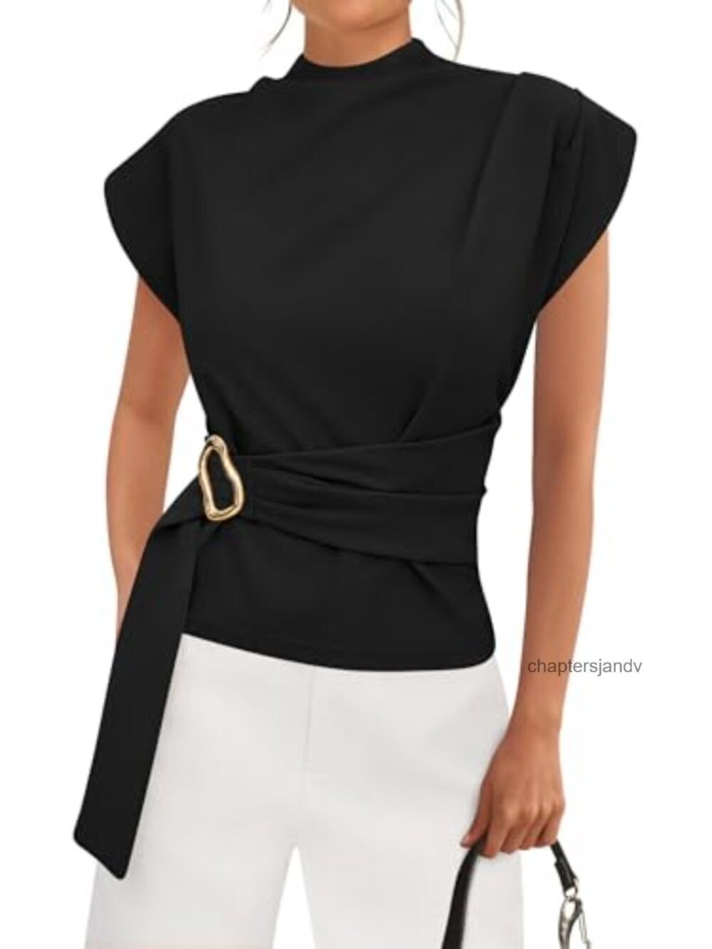 Women's Cotton Blend Cap Sleeve Mock Neck Tunic Top with Gold Buckle